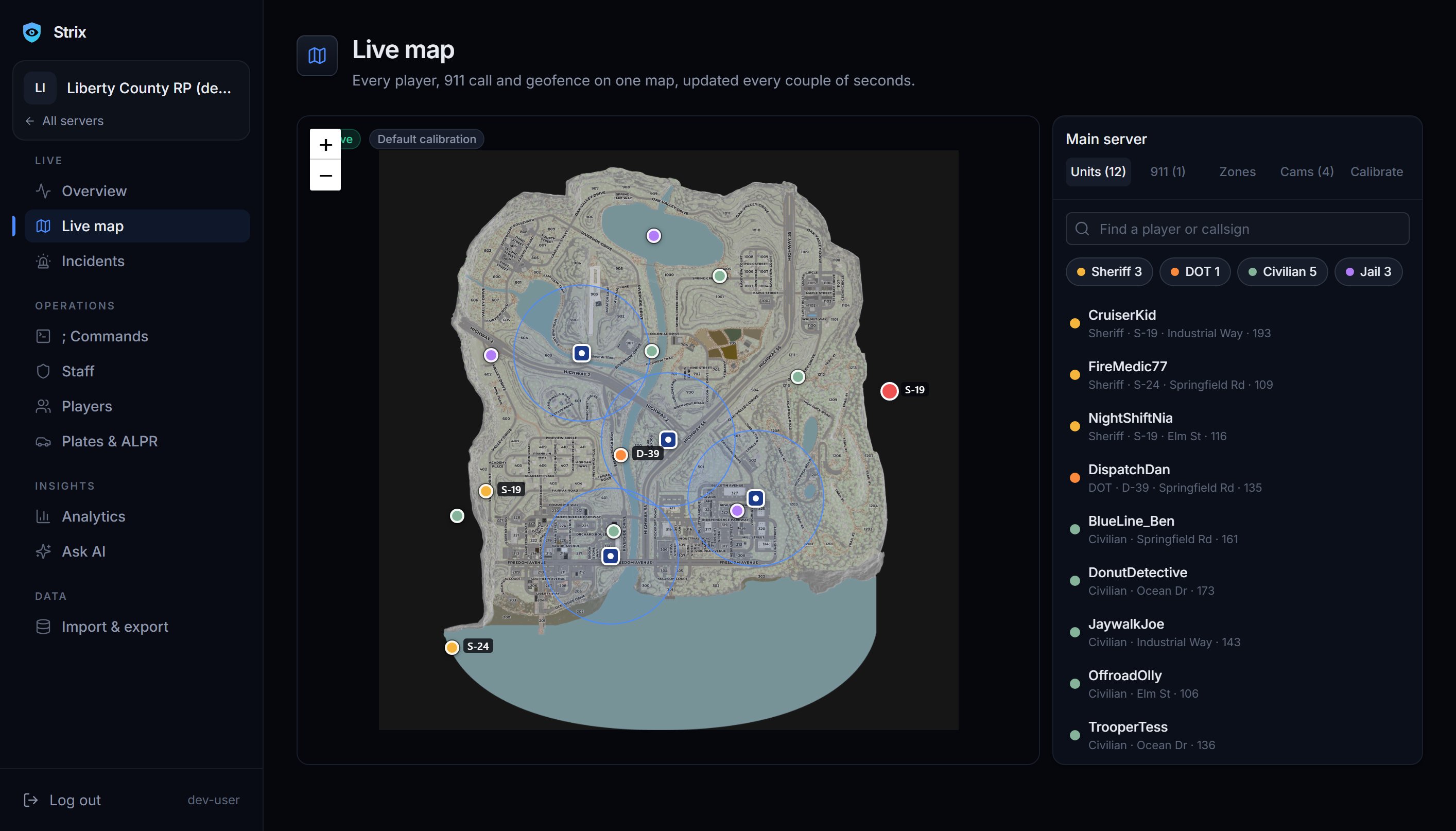 The Strix live map: every unit plotted on the county map, with a searchable list of players, callsigns and streets