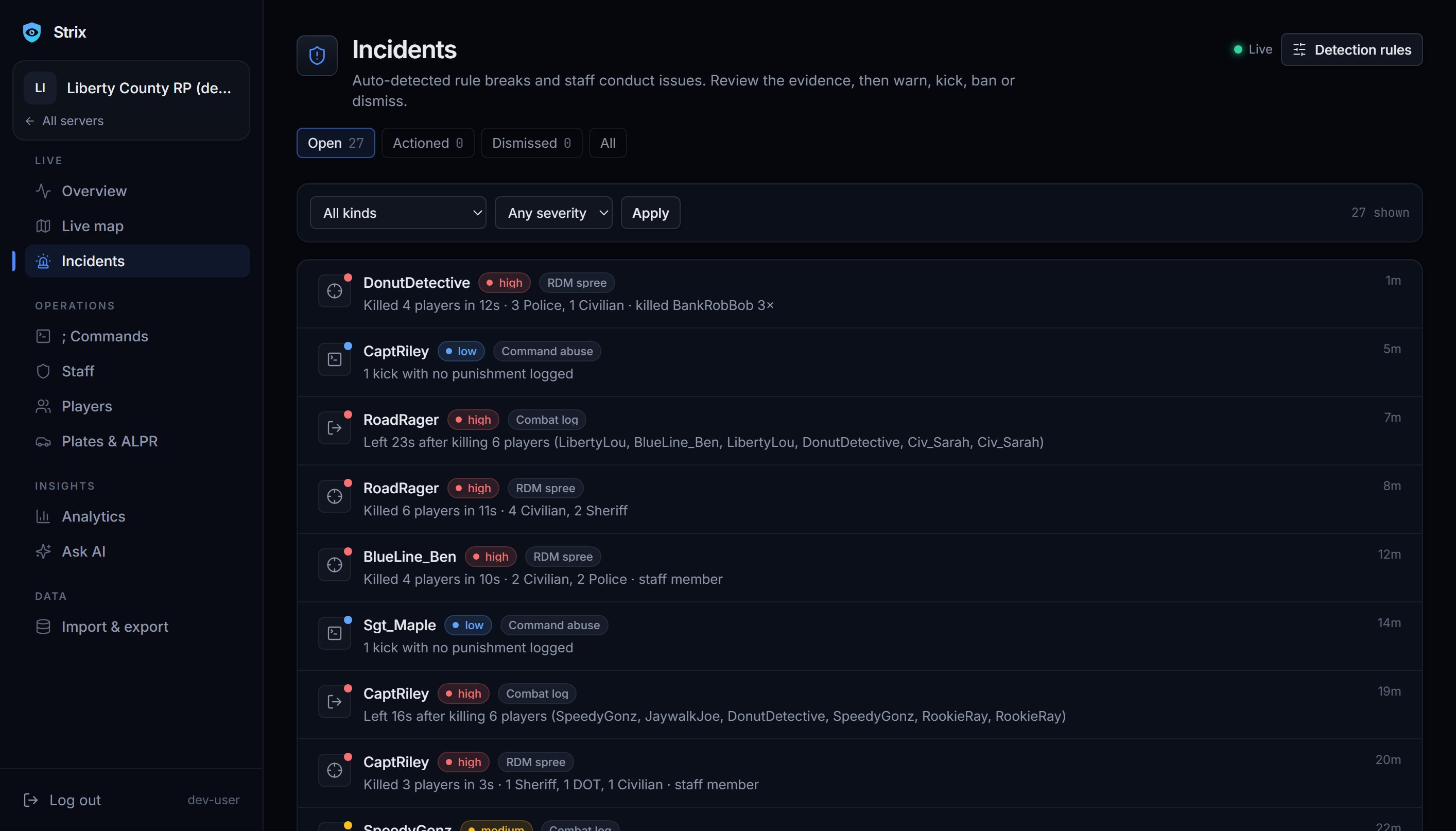 The Incidents page listing open incidents: an RDM spree, command abuse and a combat log, each with a severity and how long ago it happened
