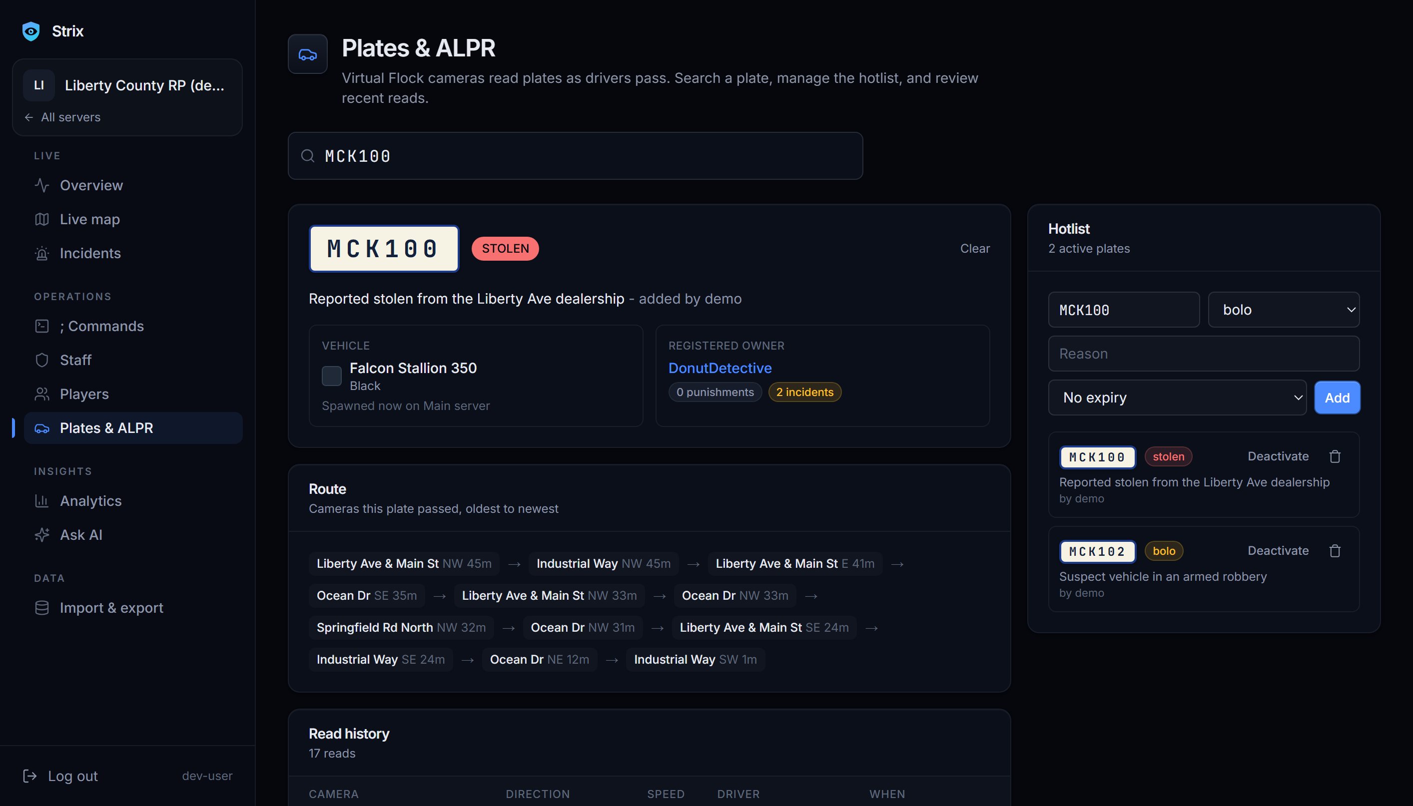 The Plates and ALPR page with a lookup for plate MCK100, flagged as stolen, and recent camera hits
