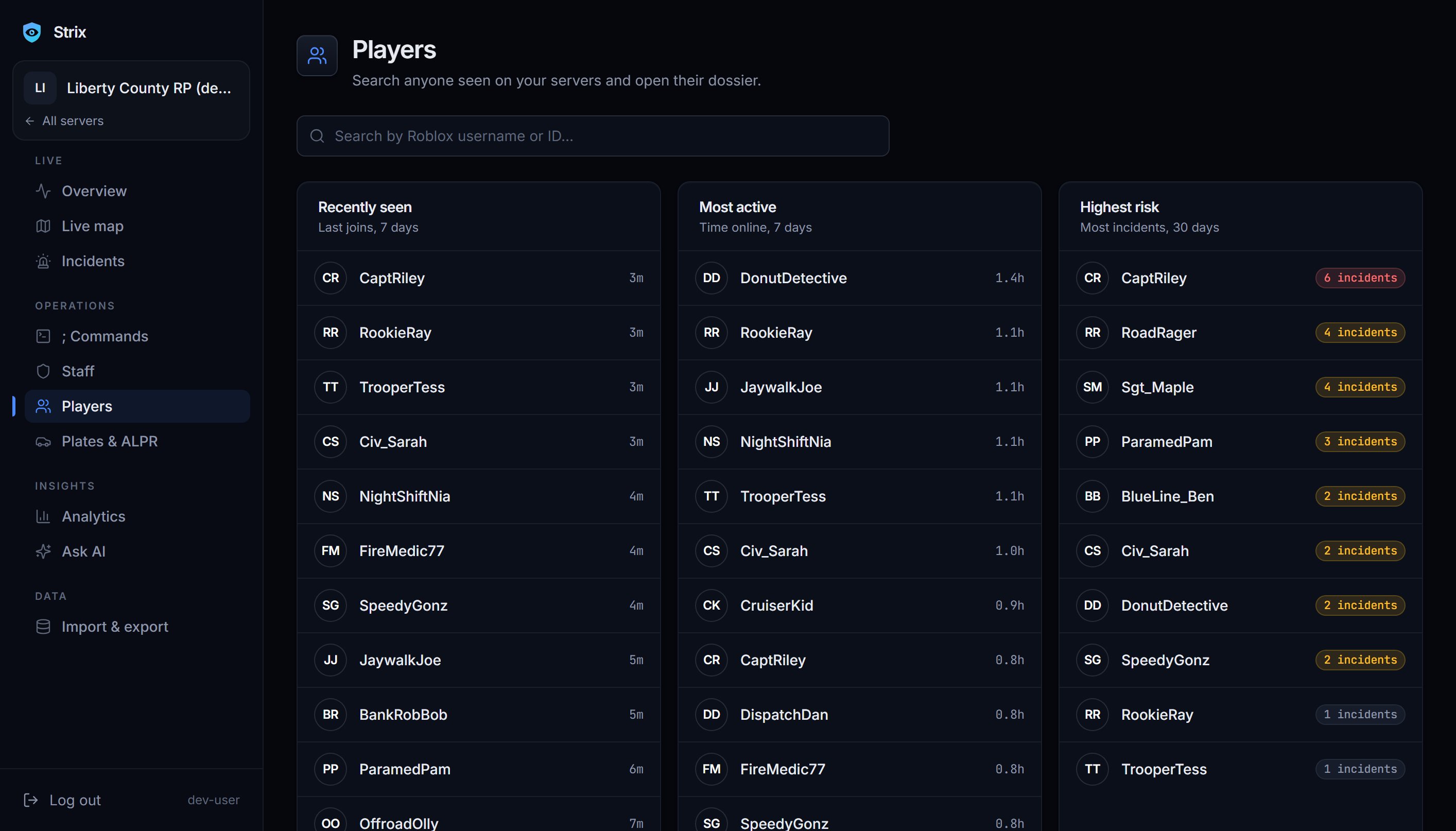 The Players page with a search box and lists of recently seen, most active and highest-risk players